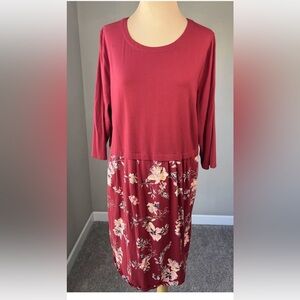 J. Jill Cranberry Floral Side Pockets Jersey Knit Shift Dress M L